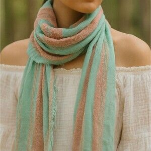 Infinity Scarf 35x16 Mint Green Pink Fringe Metallic Nylon Viscose Shawl Head Ne